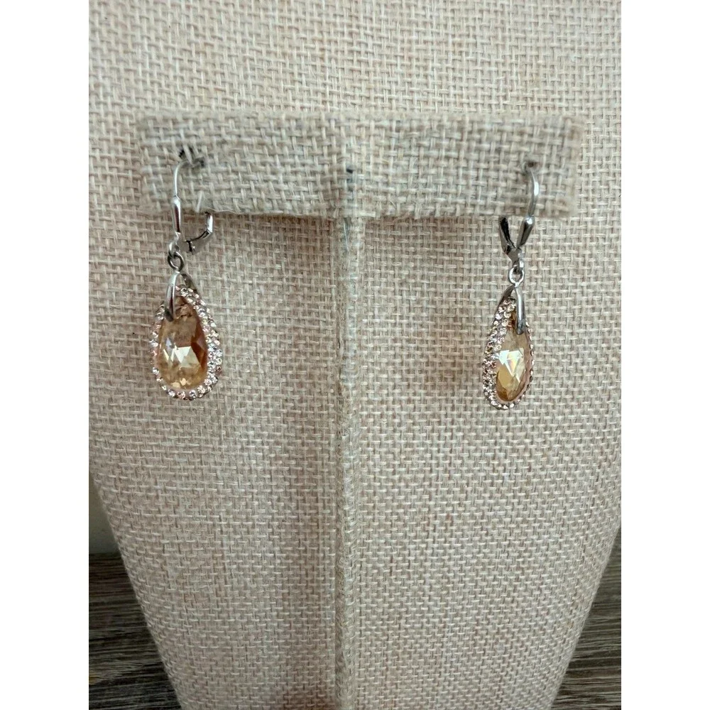 925 Sterling Silver Golden Shadow Crystal Teardrop Halo Leverback Earrings Eleg